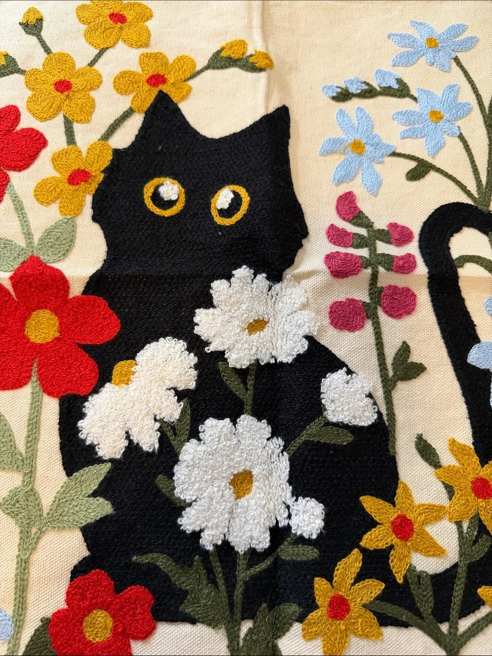 Black Cat Floral Pet Pillow Cover - Cream Background embroidered new